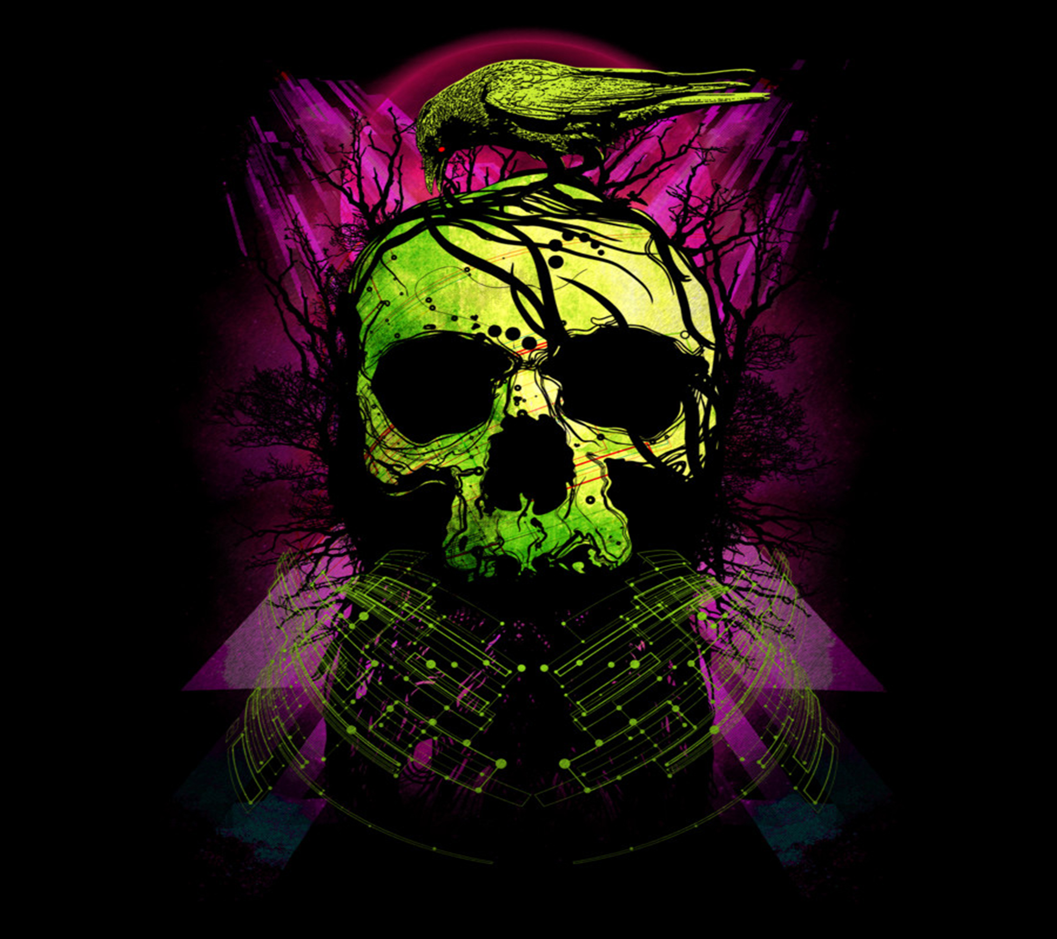 A vibrant green skull, entwined with dark branches and perched upon by a crow, set against a backdrop of a magenta moon and geometric patterns. This digital art piece evokes a gothic or dark fantasy aesthetic