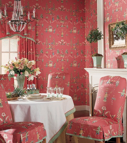 The Toile Fabric Chinoiserie Walls With Matching Curtains And Chair