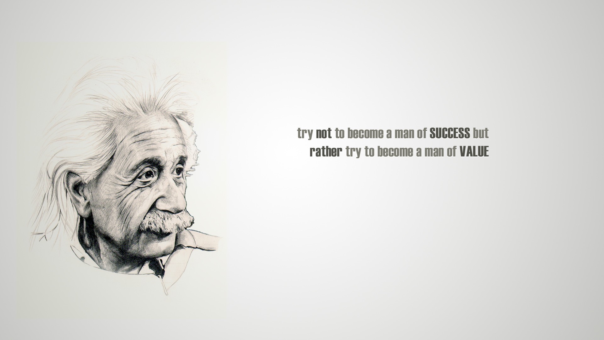 A grayscale sketch of Albert Einstein with a quote about the importance of value over success