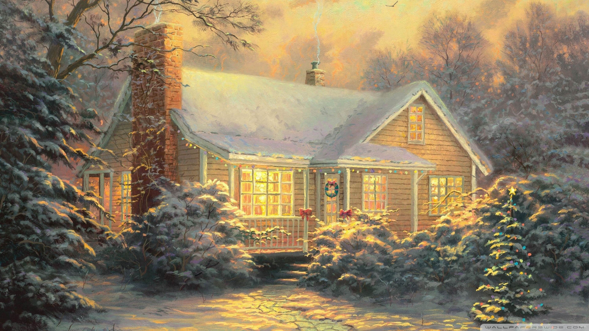 Christmas Cottage By Thomas Kinkade Wallpaper
