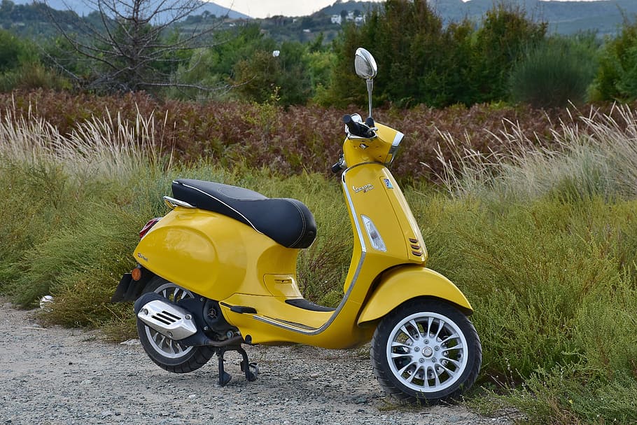 HD Wallpaper Yellow Motor Scooter Parked Near Grass Vespa