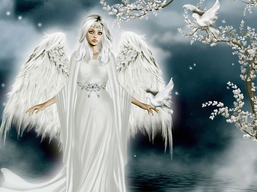 A stunning digital art piece depicting a snow angel with white wings, a flowing white gown, and a silver tiara, standing serenely against a twilight sky and tranquil water, with white doves fluttering around and delicate white blossoms adorning the branches of a nearby tree