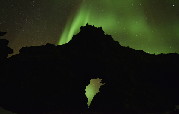 Iceland Northern Lights Rocks Silhouette Night Stars Wallpaper