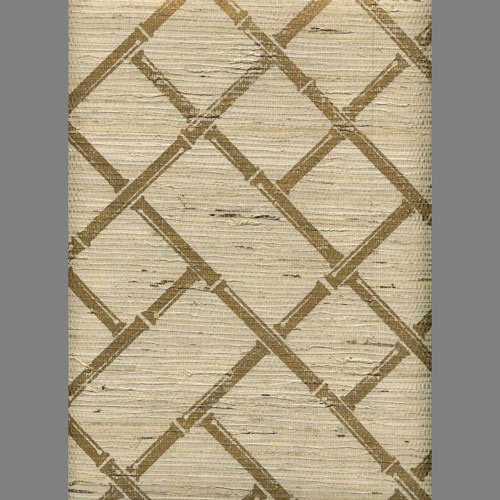Ivory Grasscloth With Gold Bamboo Lattice Screen Print Wallpaper Trop