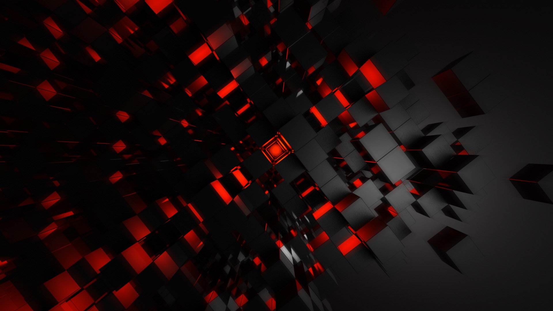 3D abstract background with dark cubes and red lights, creating a futuristic and technological feel