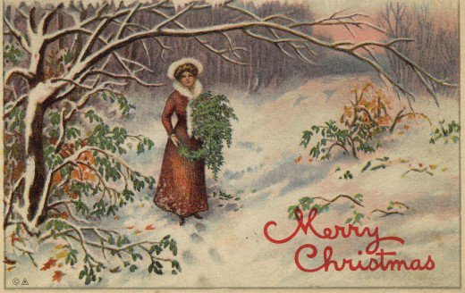 Vintage Christmas Wallpaper of Woman Gathering Branches
