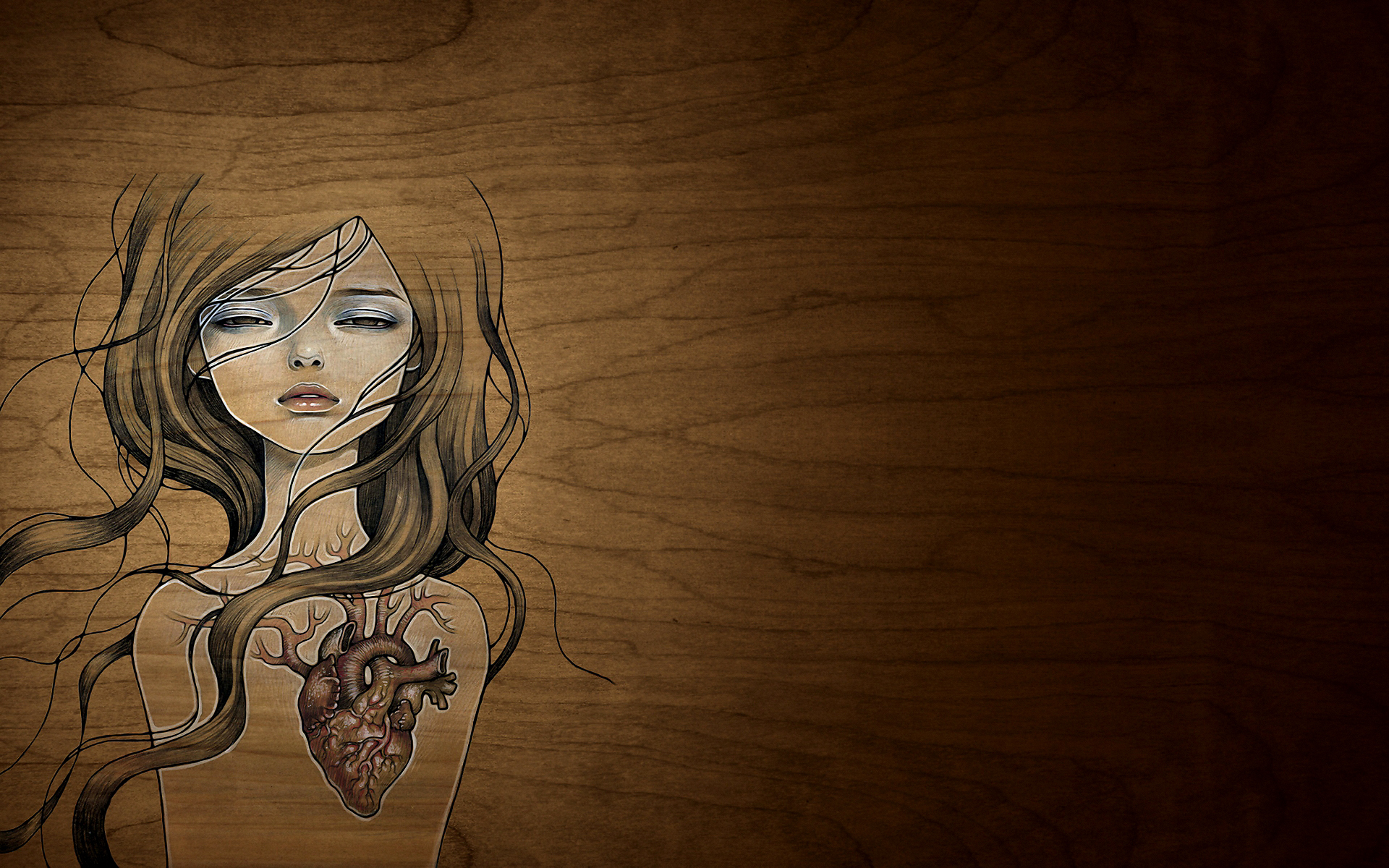 Style Girl Drawing Art Creative Ideas Background Wood Heart