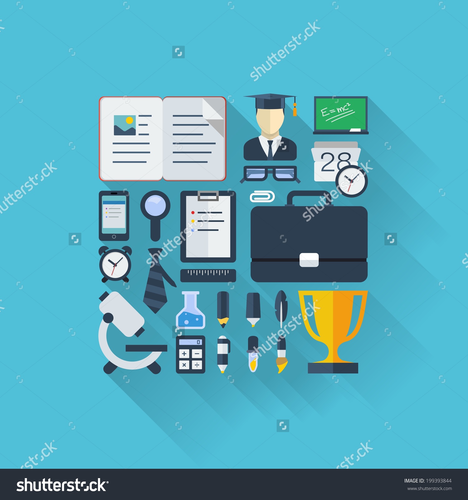 Abstract education background Vector flat colored icons set with long