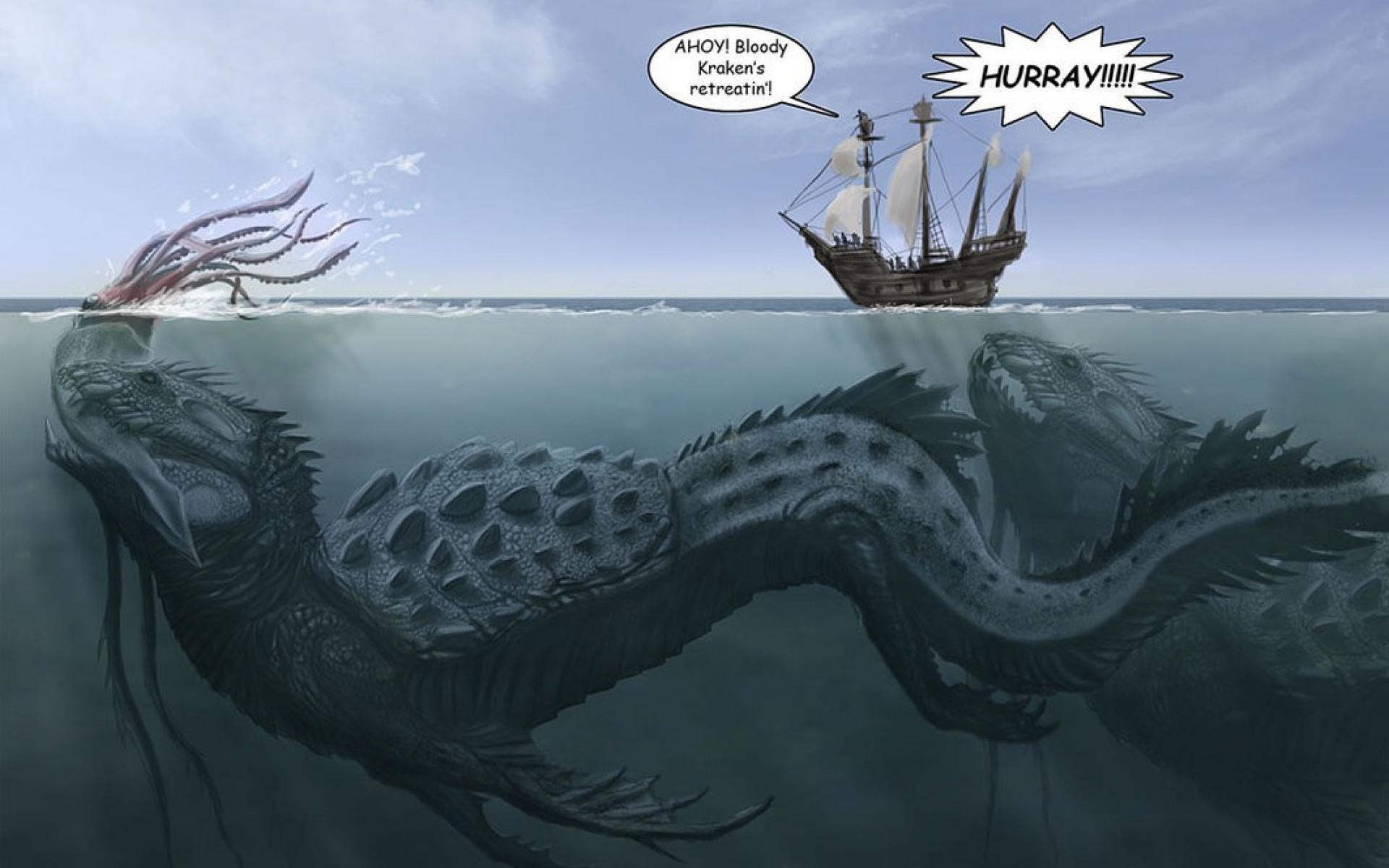 Kraken Creatures Funny Sea Ships Wallpaper