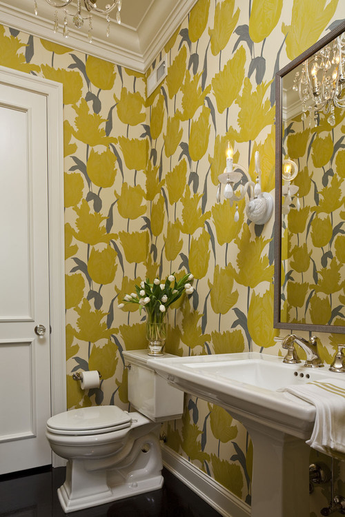 Graphic Large Scale Yellow Flower Wallpaper Powder Room Design By
