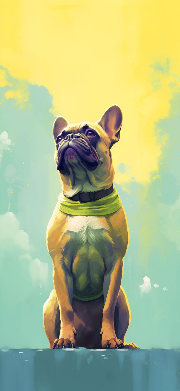 Brown French Bulldog Sitting Painted Green And Yellow Aesthetic