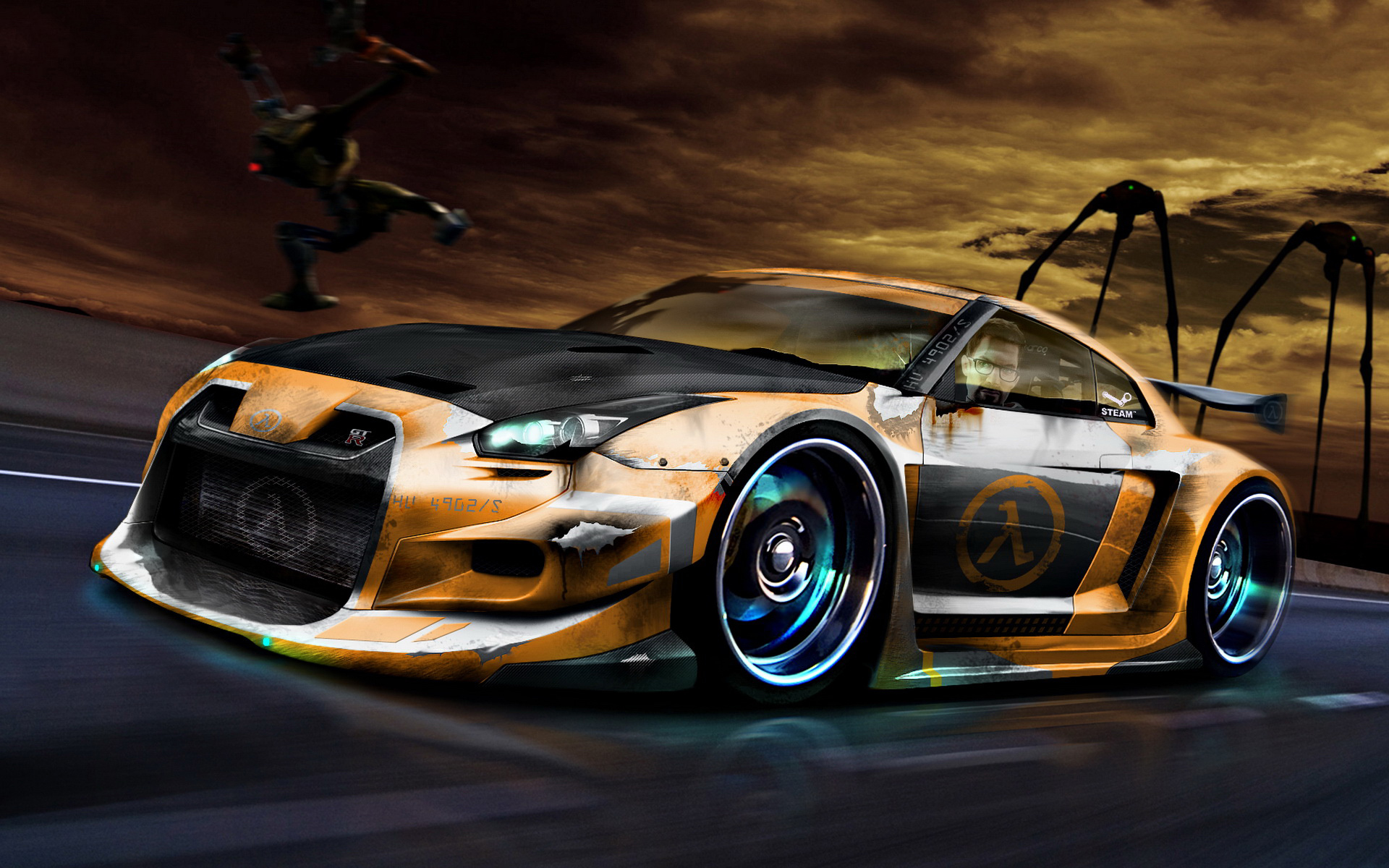 A futuristic, rusty orange and black sports car speeds down a highway, with a Combine Strider in the background and a Combine soldier in mid-air