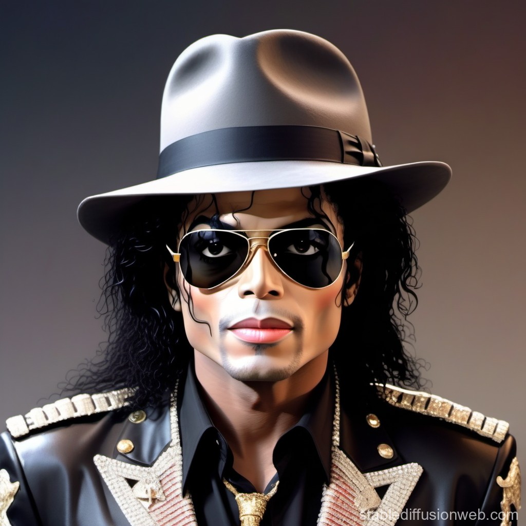 Portrait of Michael Jackson wearing a gray fedora and aviator sunglasses