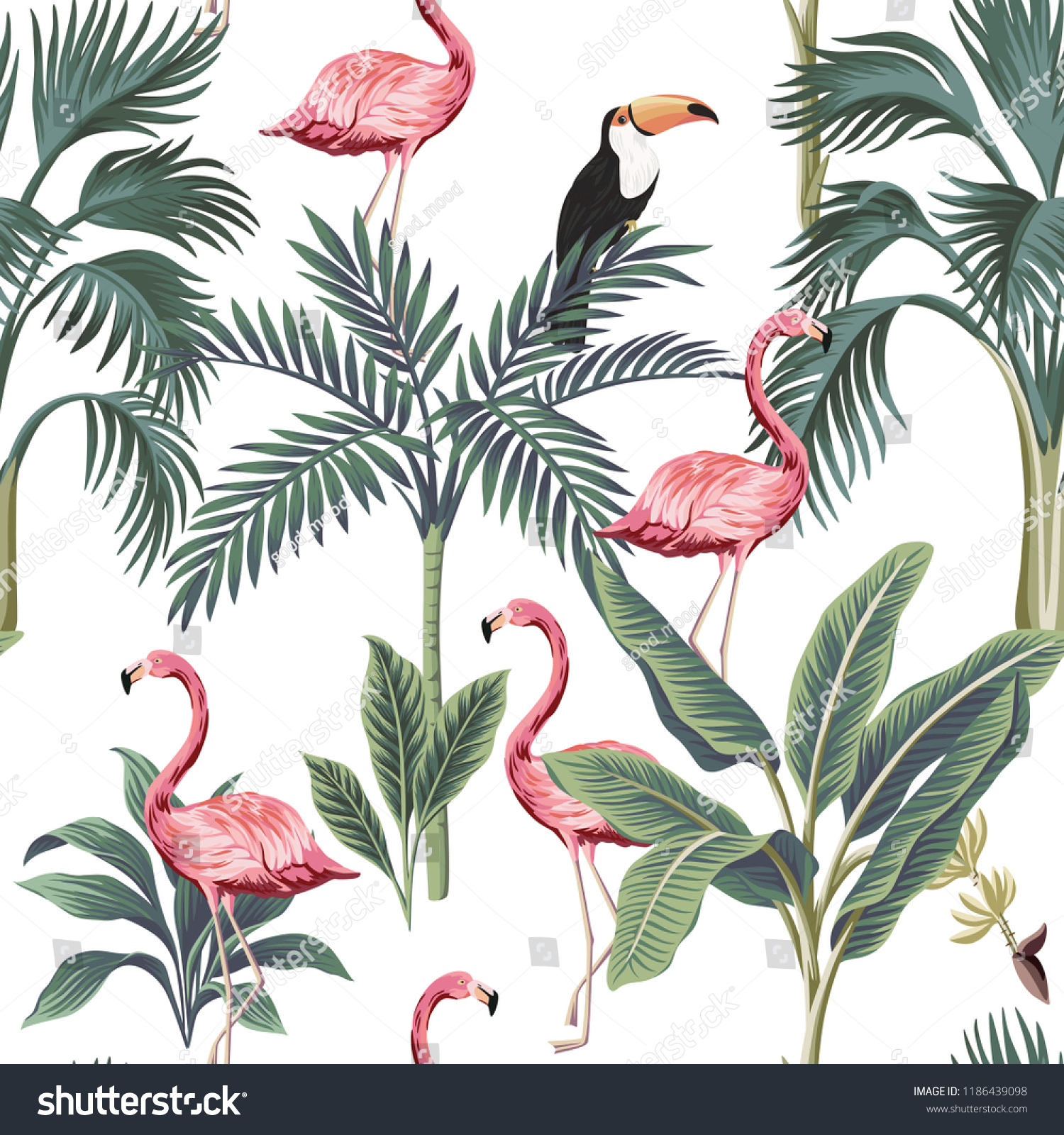 Tropical Vintage Flamingo Toucan Palm Trees Stock Vector Royalty