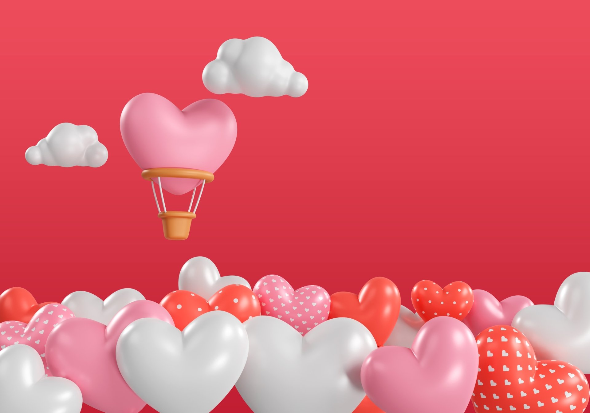 3D rendering of a heart-shaped hot air balloon floating above a group of heart shapes on a pink background, perfect for Valentine's Day