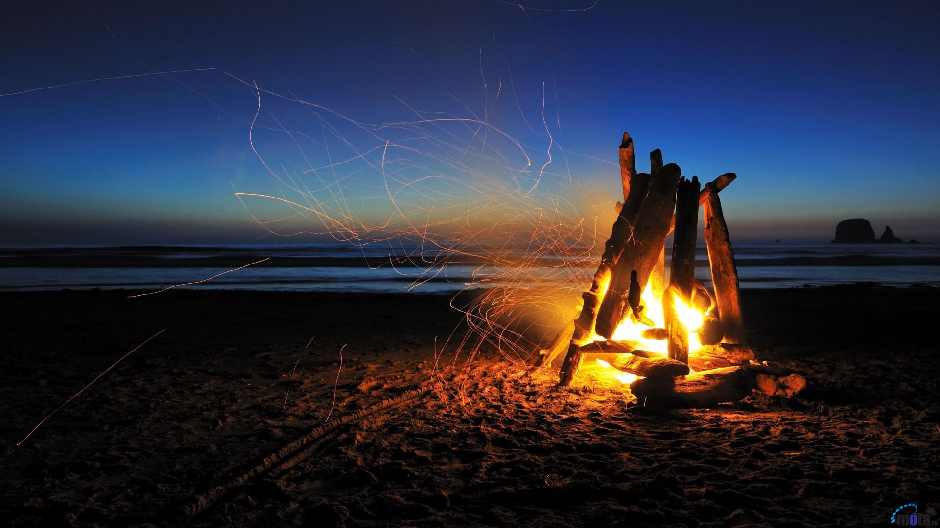 Wallpaper Flaming Bonfire On The Beach X