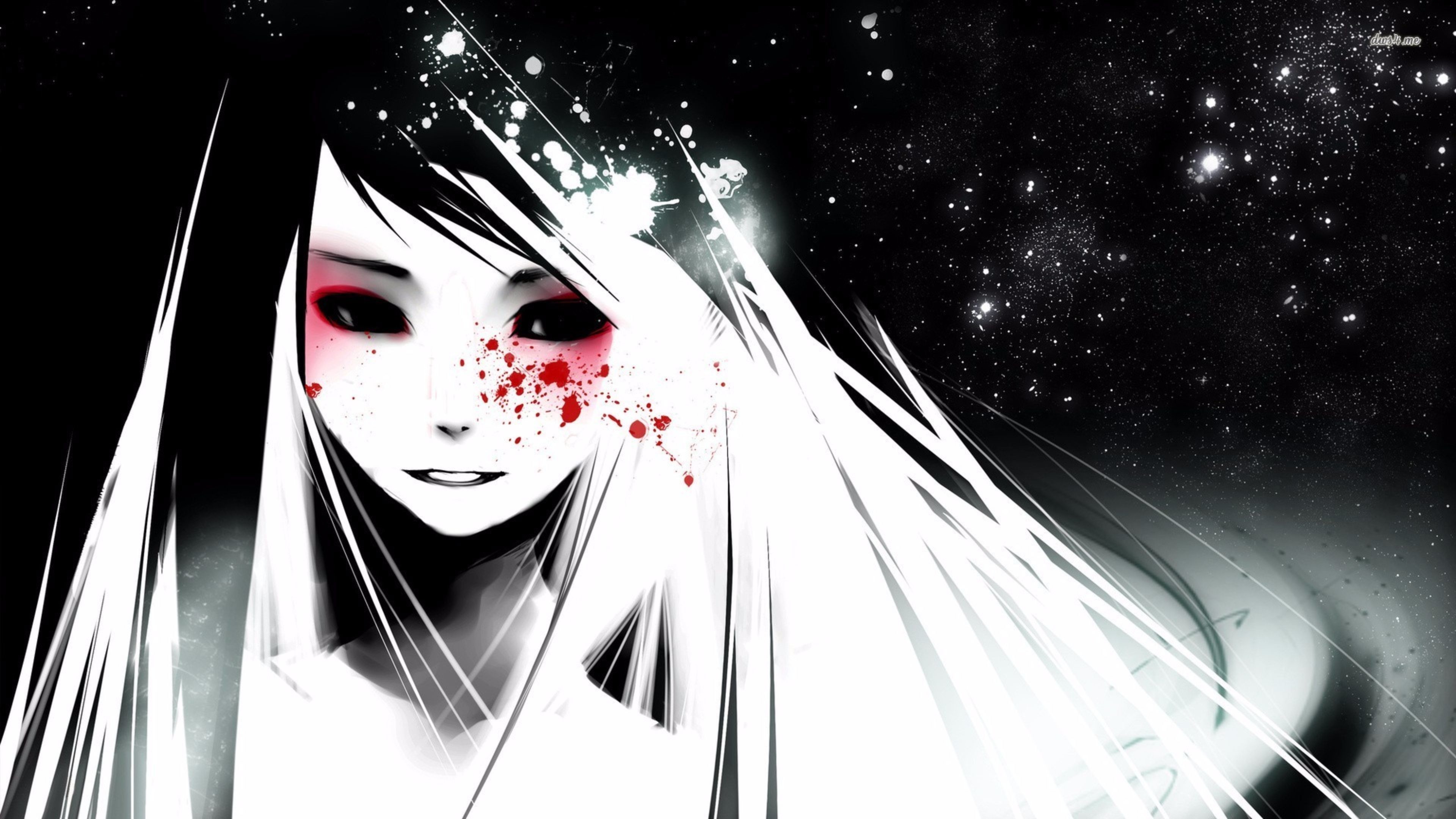A dramatic close-up of an anime girl with long white hair, red splatters on her face, and a starry black background. The image has a dark, yet ethereal feel, ideal for an anime or manga desktop wallpaper