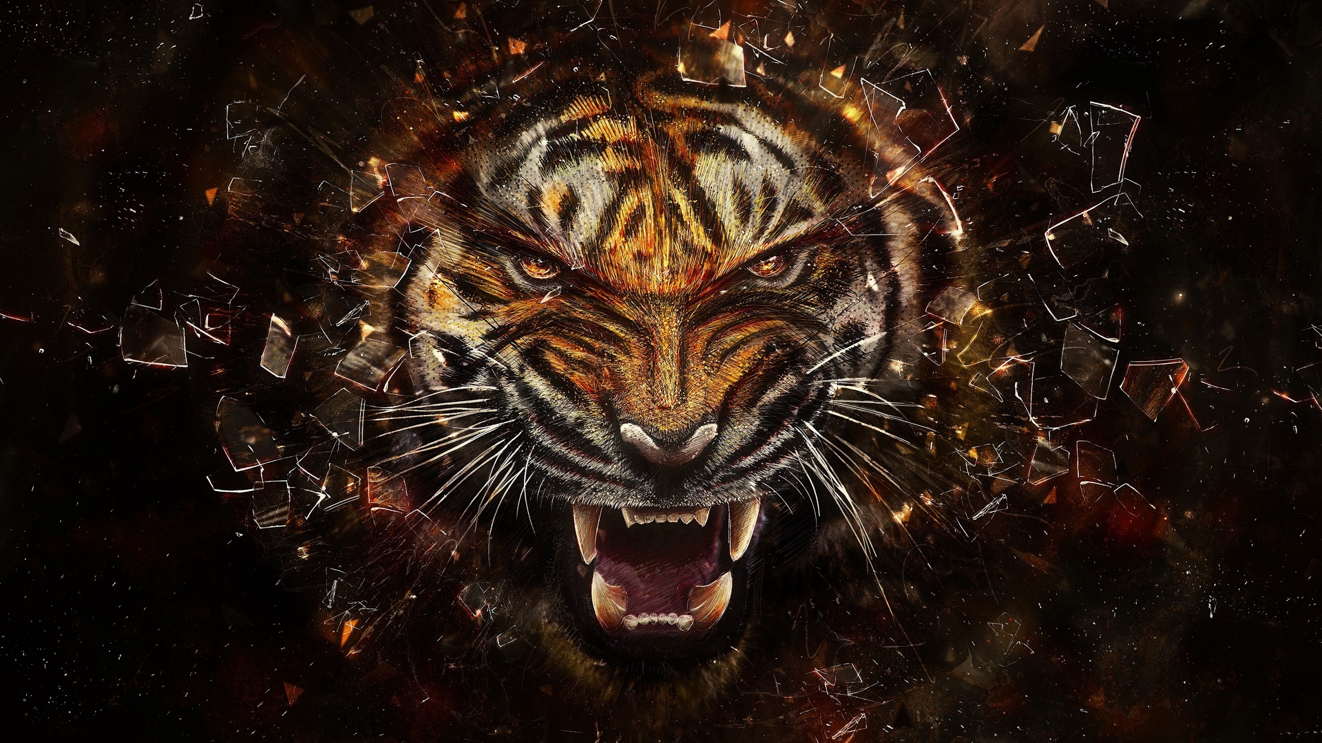 Wallpaper Tiger Glass Shards Aggression