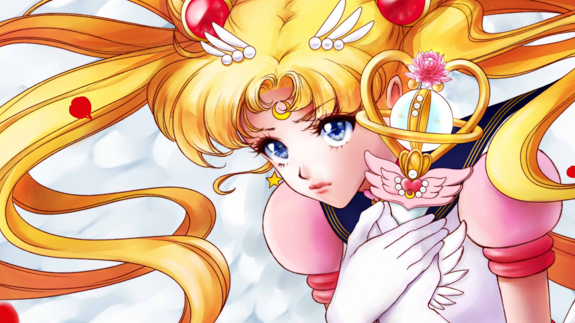 Close-up of Sailor Moon with her Moon Stick, showcasing her iconic blonde hair, blue eyes, and determined expression