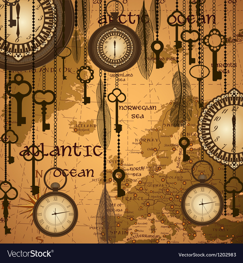 Antique Background With Map And Clocks Royalty Vector
