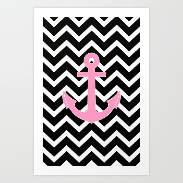 Pink Anchor Black Chevron Zigzag Pattern Art Print By Rexlambo