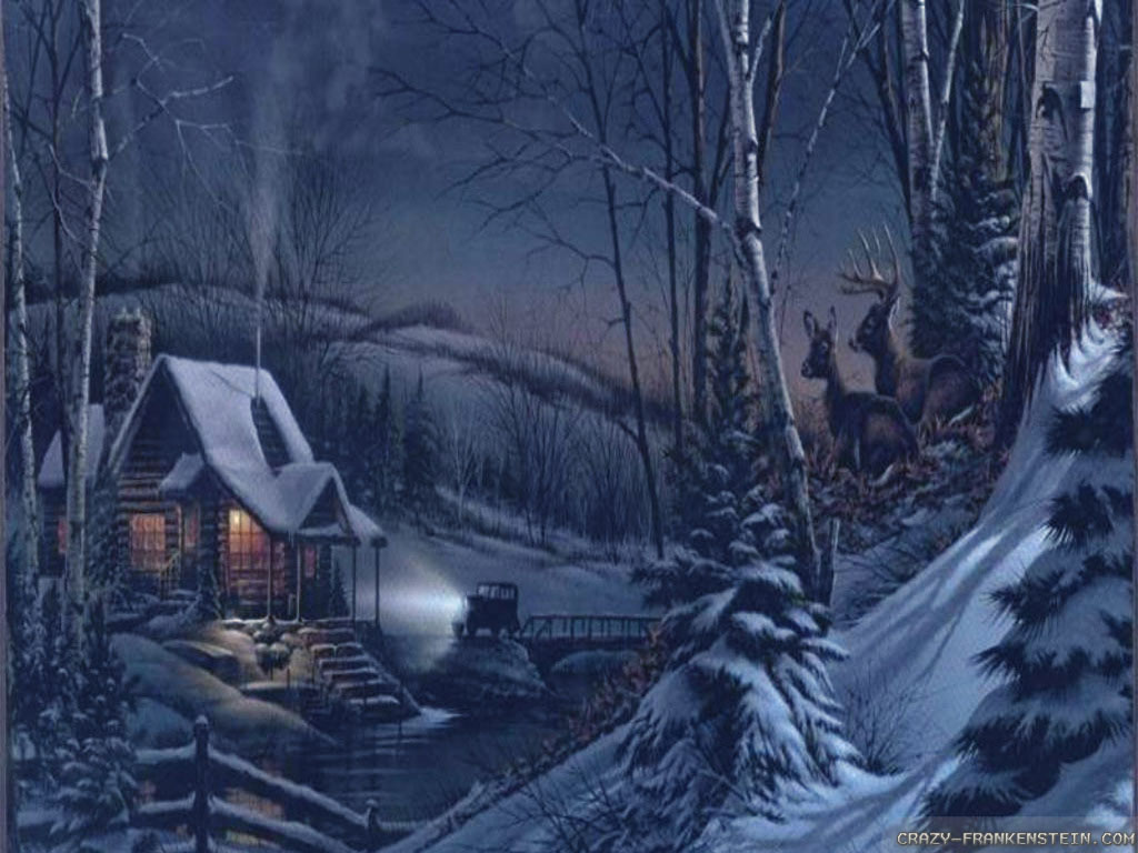 Wallpaper Cabin Dark Winter Night