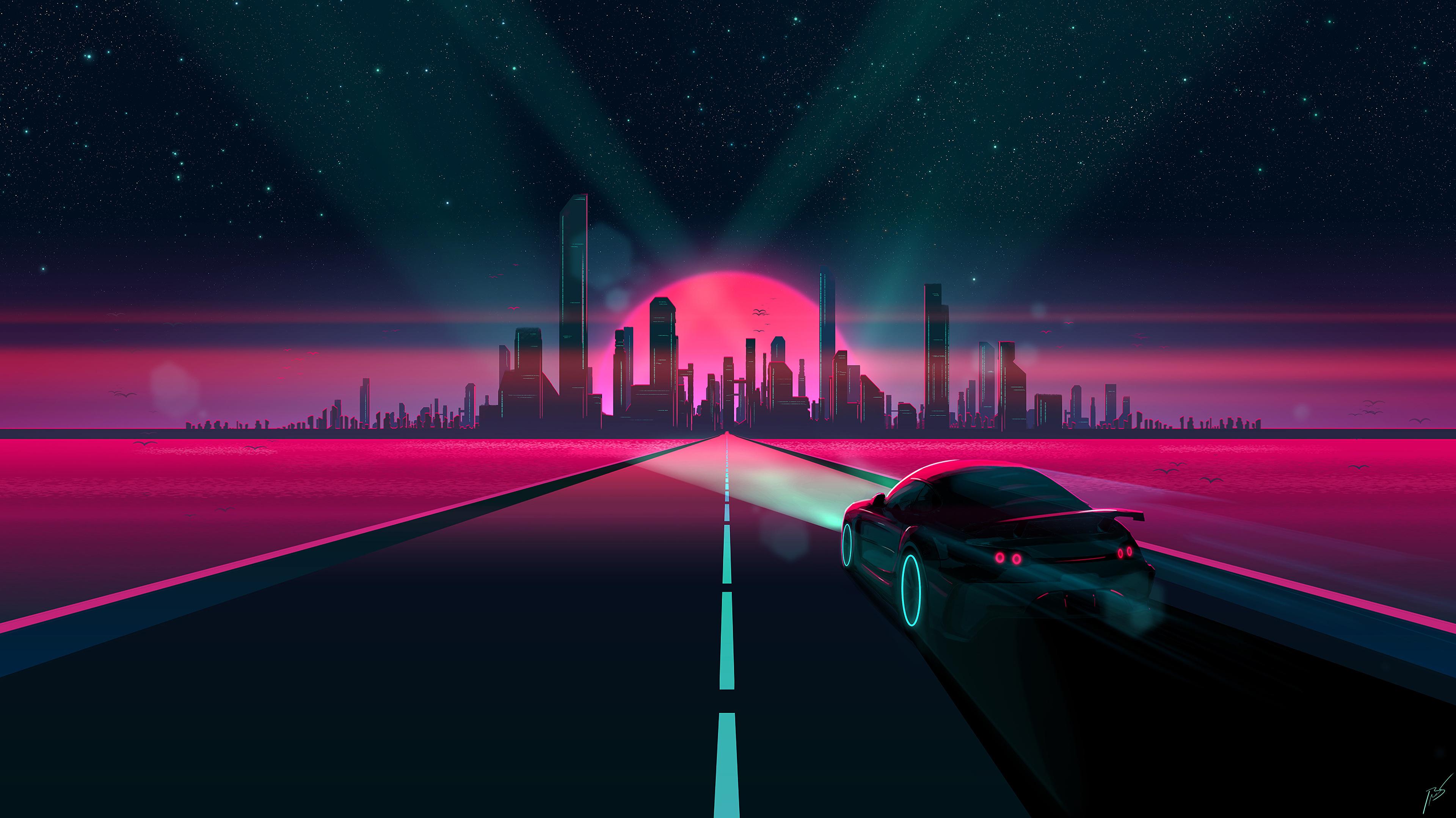 Neon City Night Sky Digital Art 4k Wallpaper