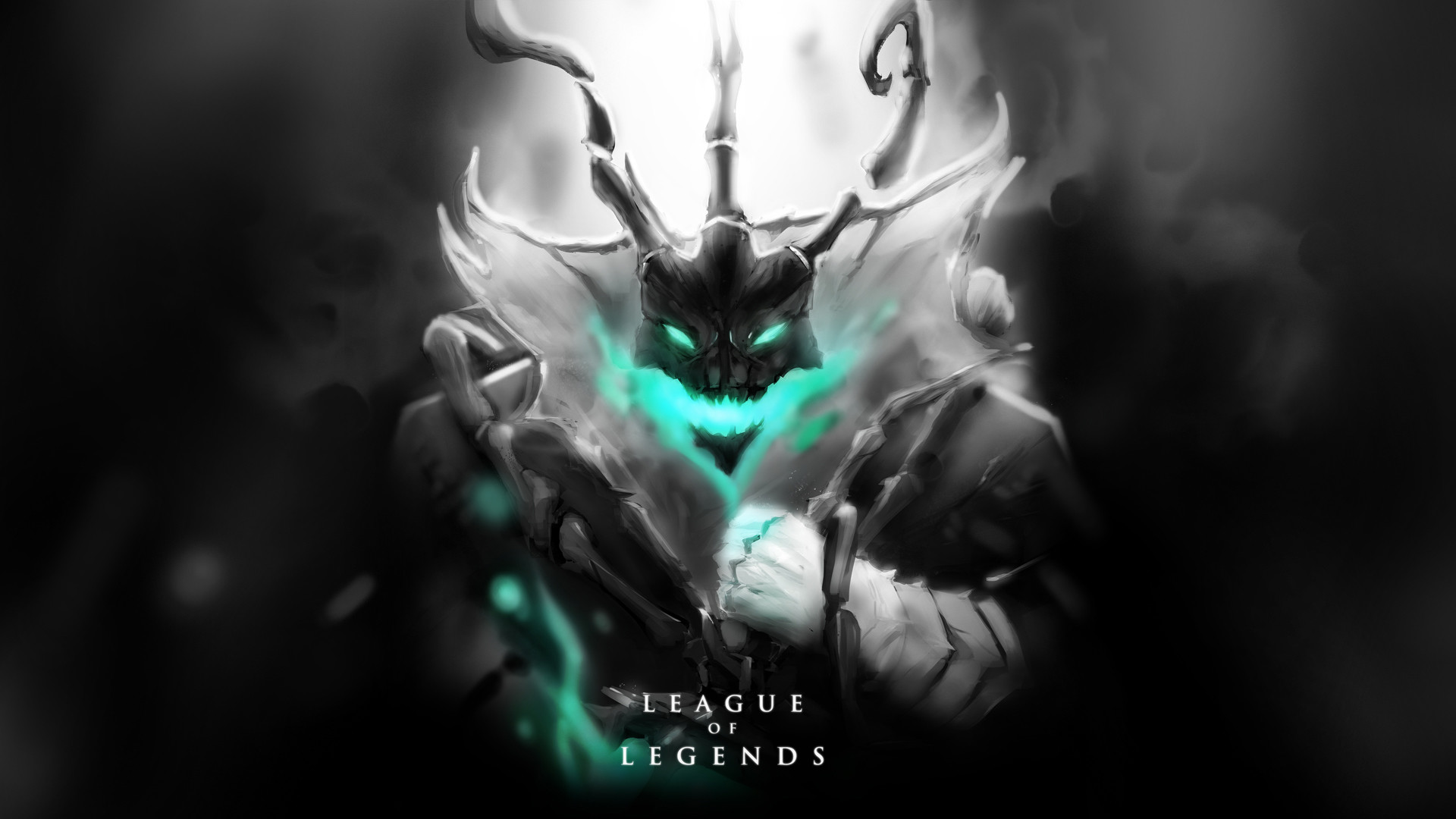 A chilling digital artwork featuring a skeletal figure, emanating a spectral turquoise glow, set against a stark black and white backdrop. This piece is likely inspired by the 'League of Legends' character, Thresh, the Chain Warden