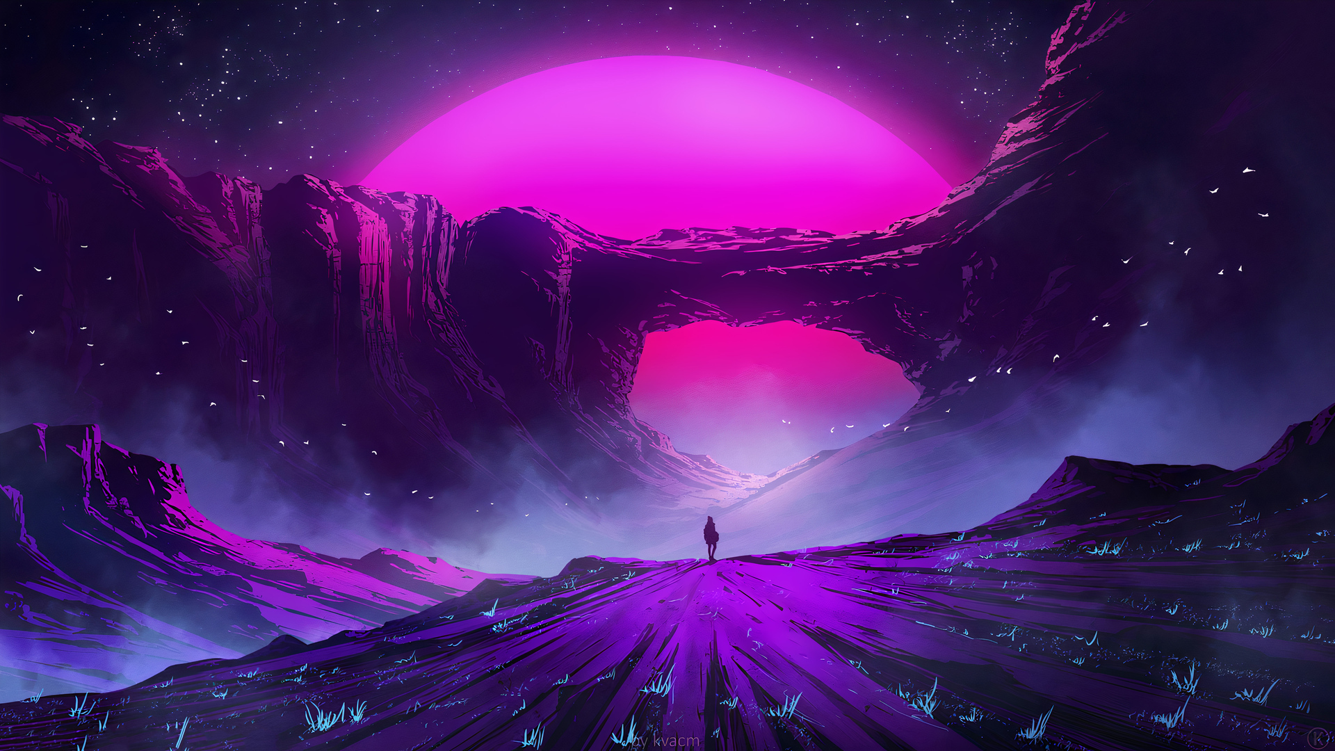 A lone figure stands on a purple path leading towards a massive rock archway, silhouetted against a vibrant pink sun. The surrounding landscape is a blend of purples and blues, with glowing flora dotting the ground. Flocks of birds fly across the sky filled with stars