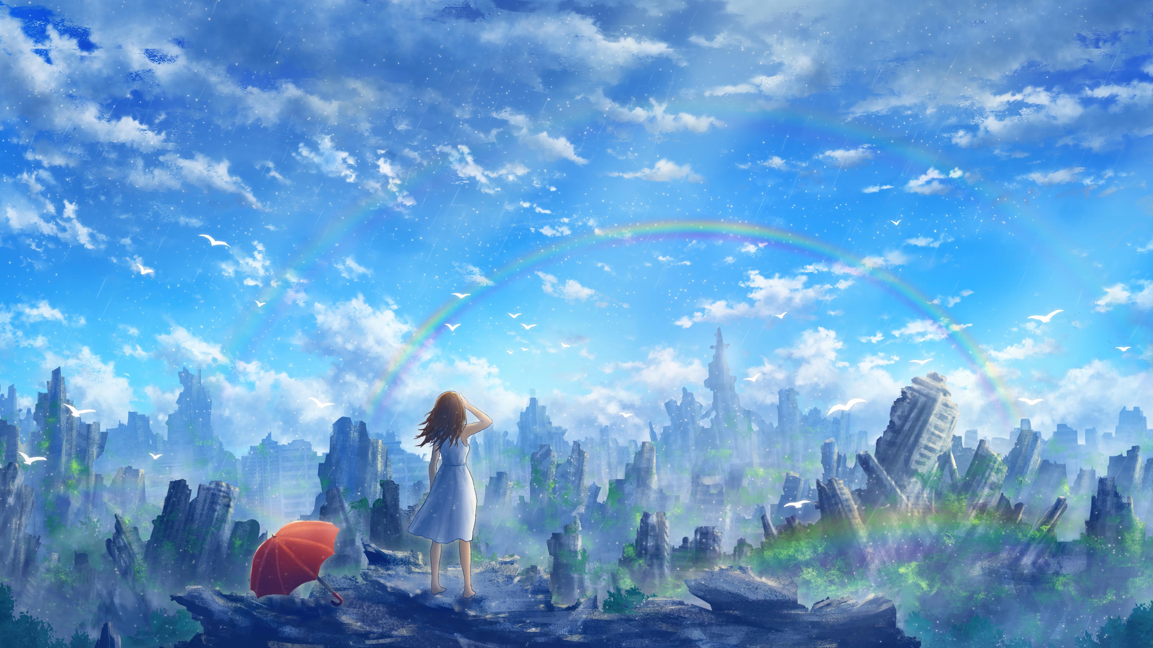 Ruined City Rainbow Scenery Anime Girl 4k Wallpaper iPhone HD