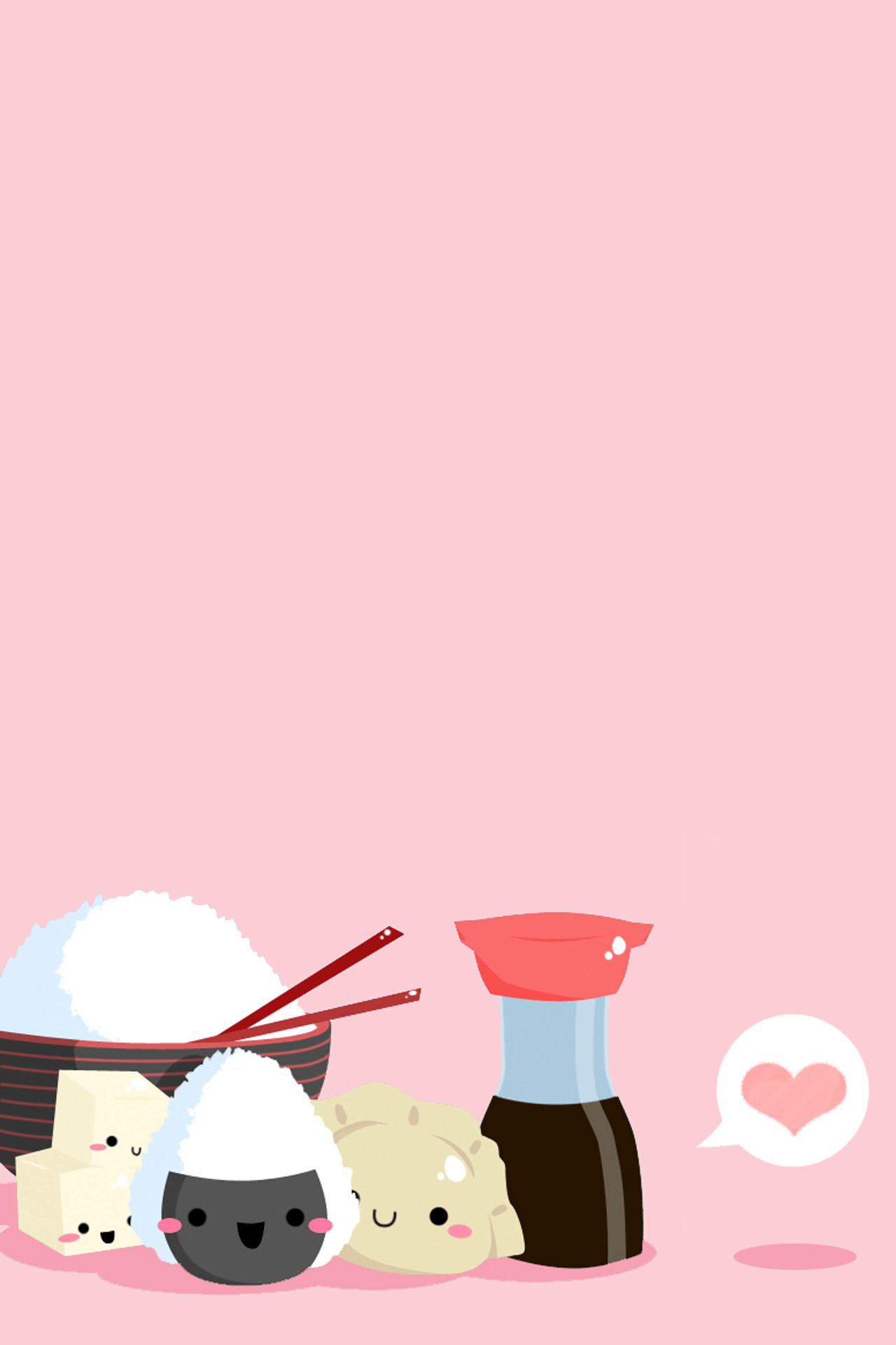 Adorable illustration of kawaii Japanese food items like rice, onigiri, gyoza, tofu, and soy sauce, perfect for a cute Japanese wallpaper