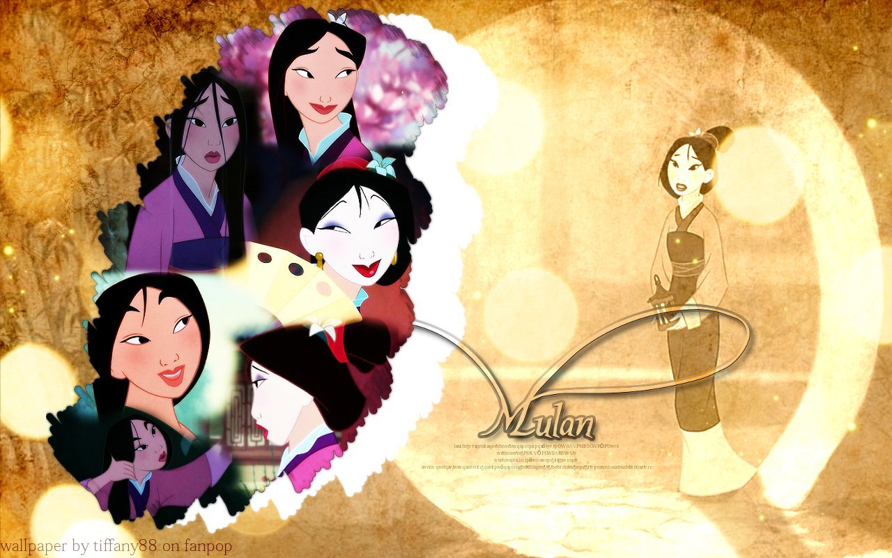 A collage of images featuring Mulan from Disney's animated film, showcasing her in various outfits and poses