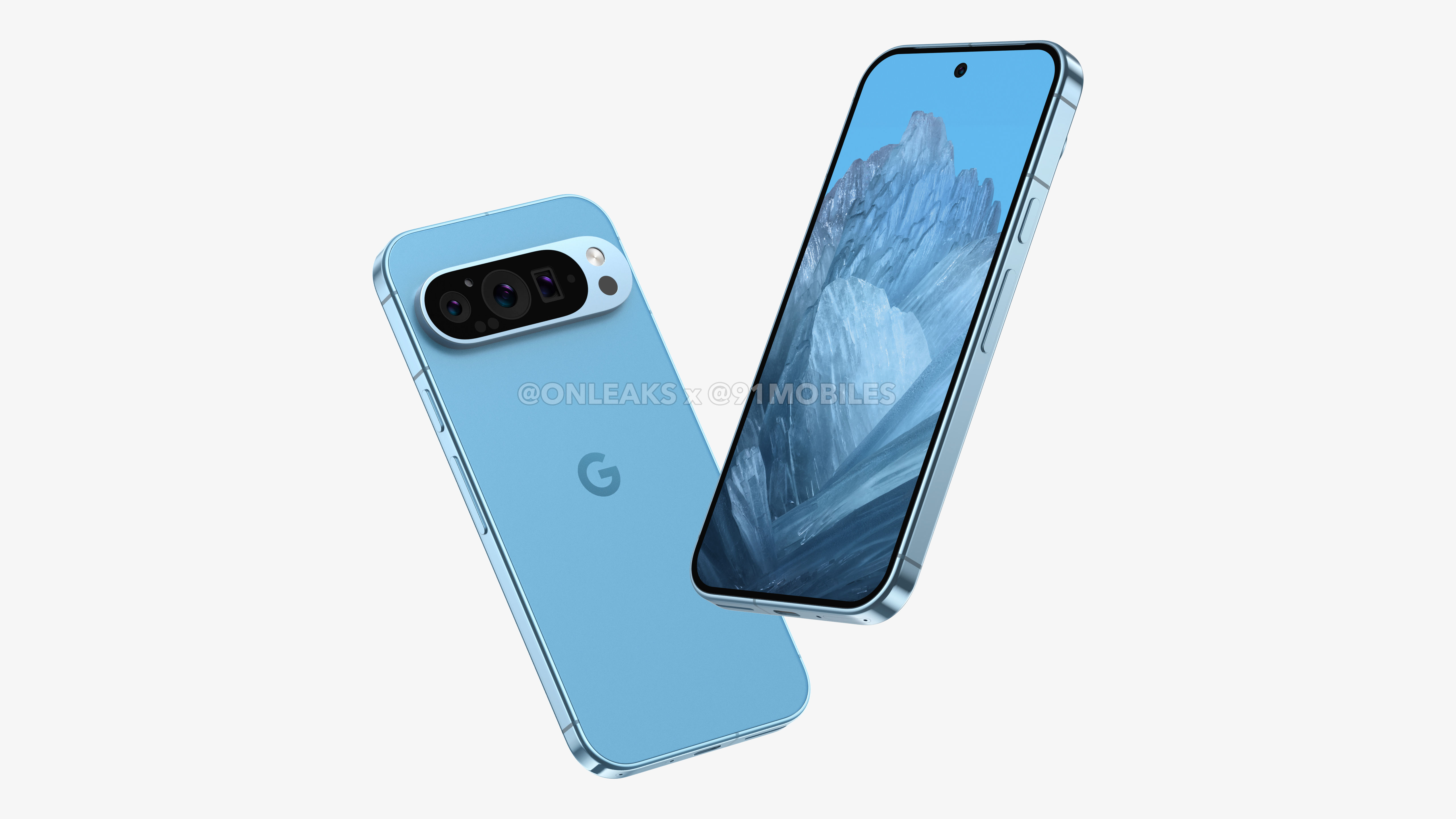 Leaked render of Google Pixel 9 showcasing its light blue color and unique camera design