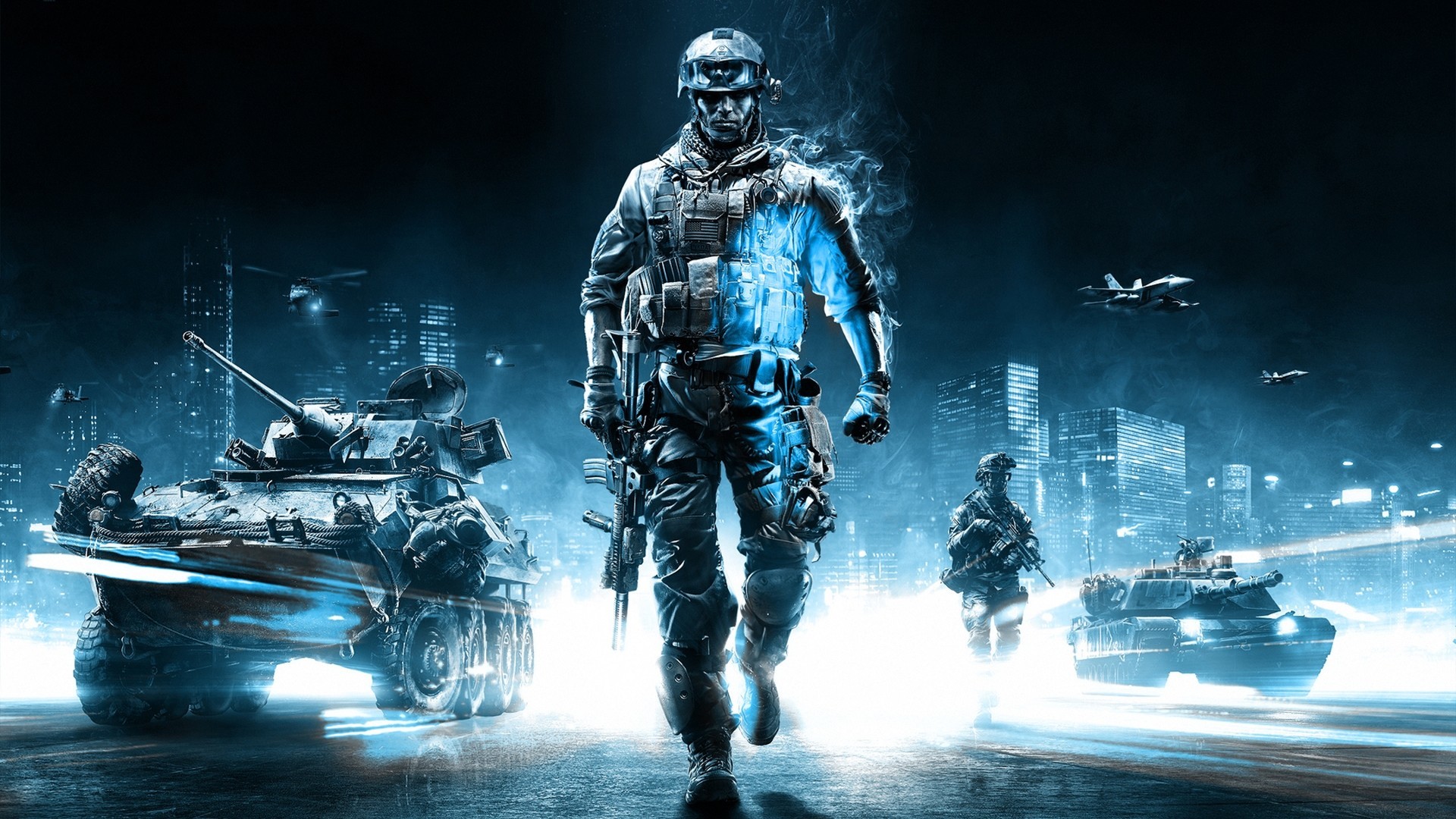 A soldier in futuristic combat gear strides forward in a battlefield scene, with tanks and fighter jets in the background, evoking the intensity of a modern warfare video game