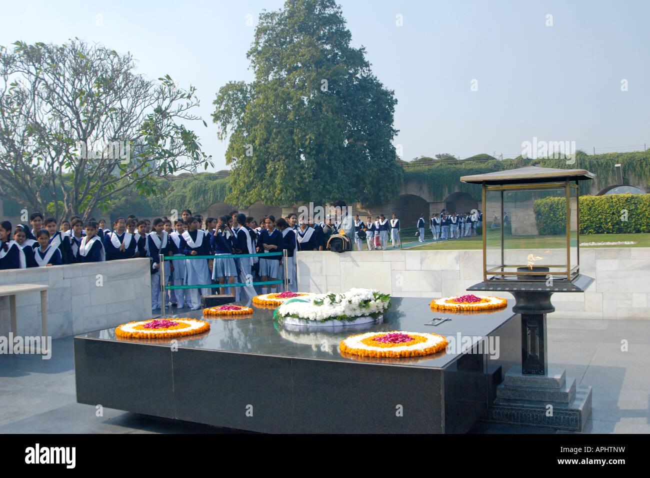School children visit Gandhis Samadhi tomb New Delhi India