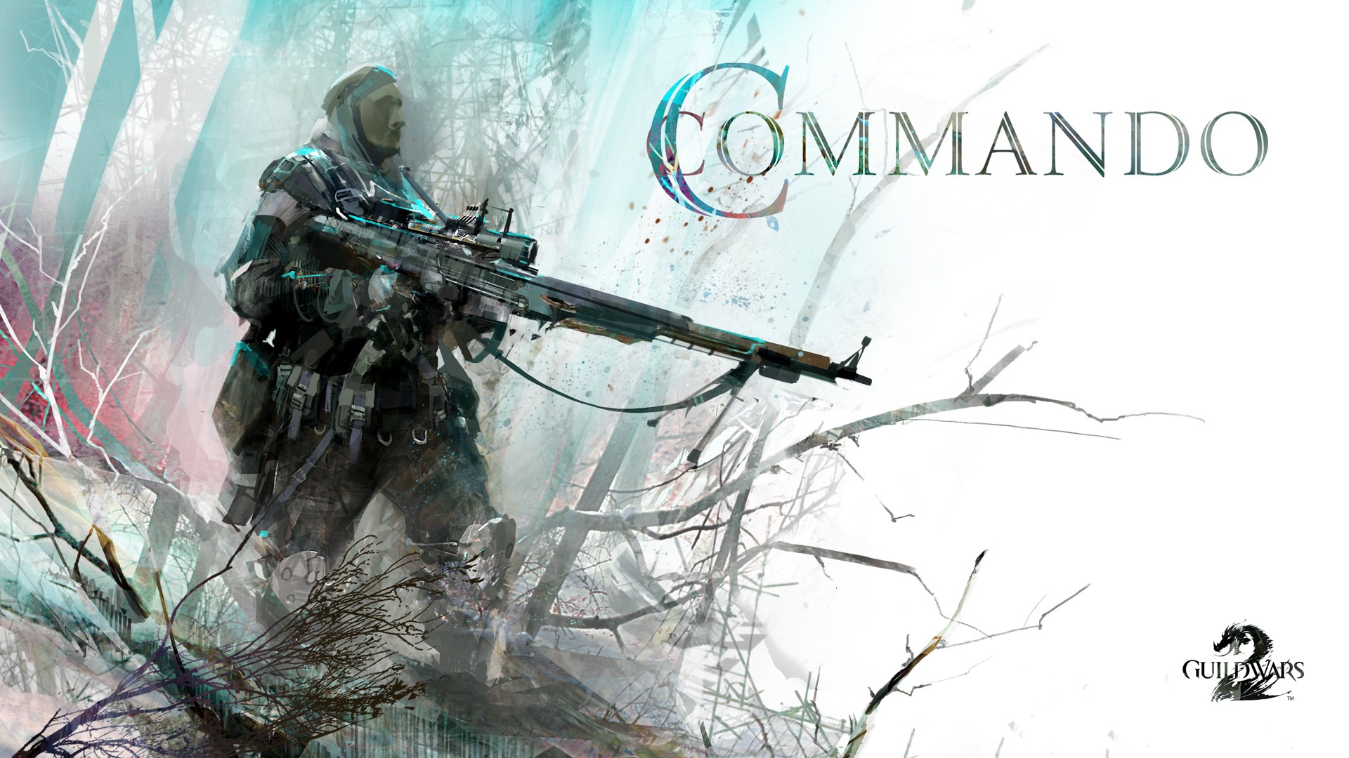 A commando in a snowy forest, aiming a sniper rifle, from Guild Wars 2