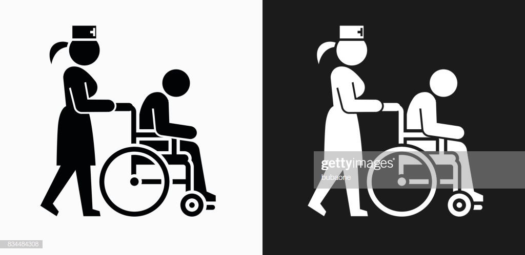 Patient On Wheelchair And Female Nurse Icon On Black And White