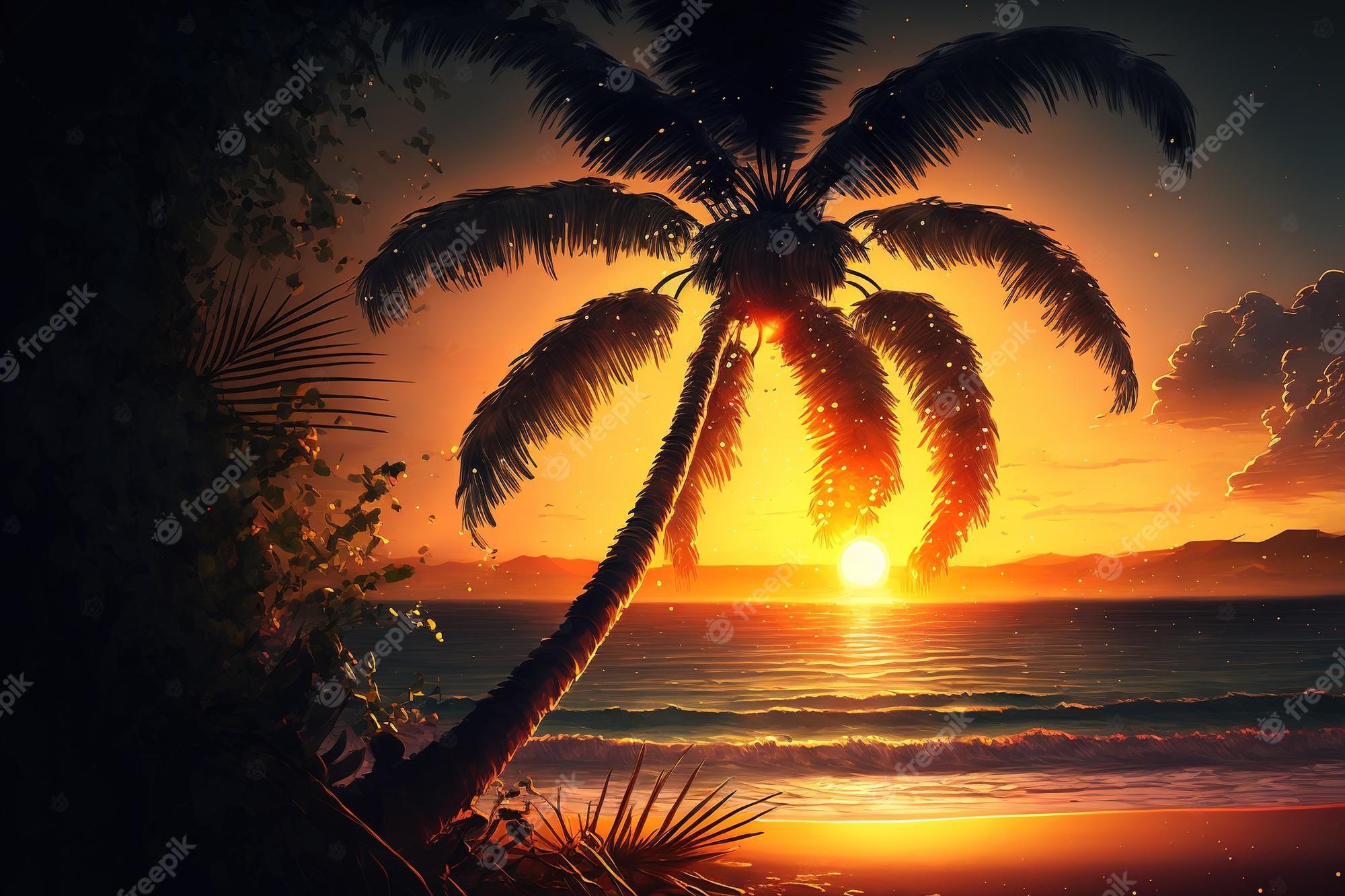 Premium Photo Background of a beach sunset with a coconut palm tree