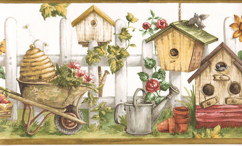 Country Birdhouse Wheelbarrow Sale Wallpaper Border