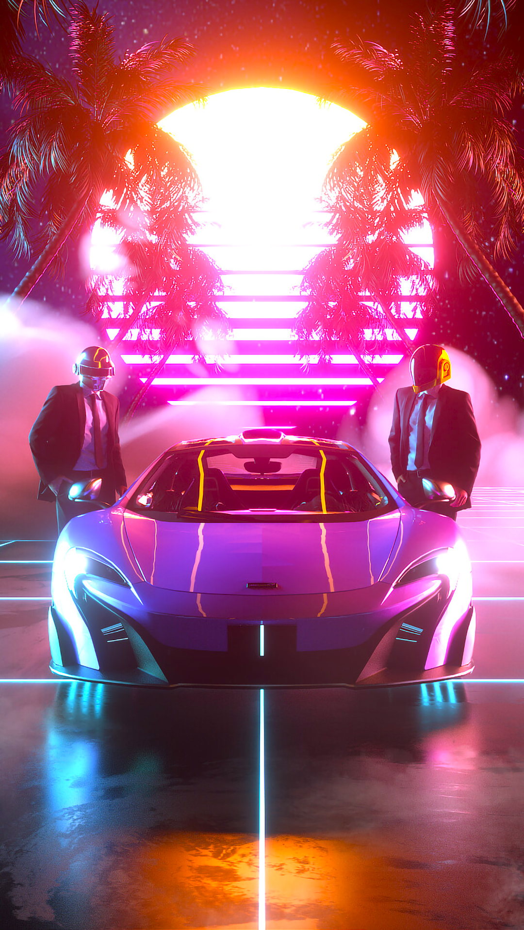 A futuristic sports car parked in a tropical setting at sunset with neon lights, palm trees, and two figures in suits and helmets