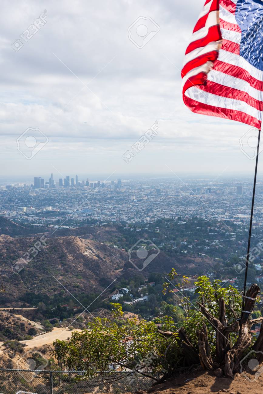 US Flag With Los Angeles On The Background California Stock Photo