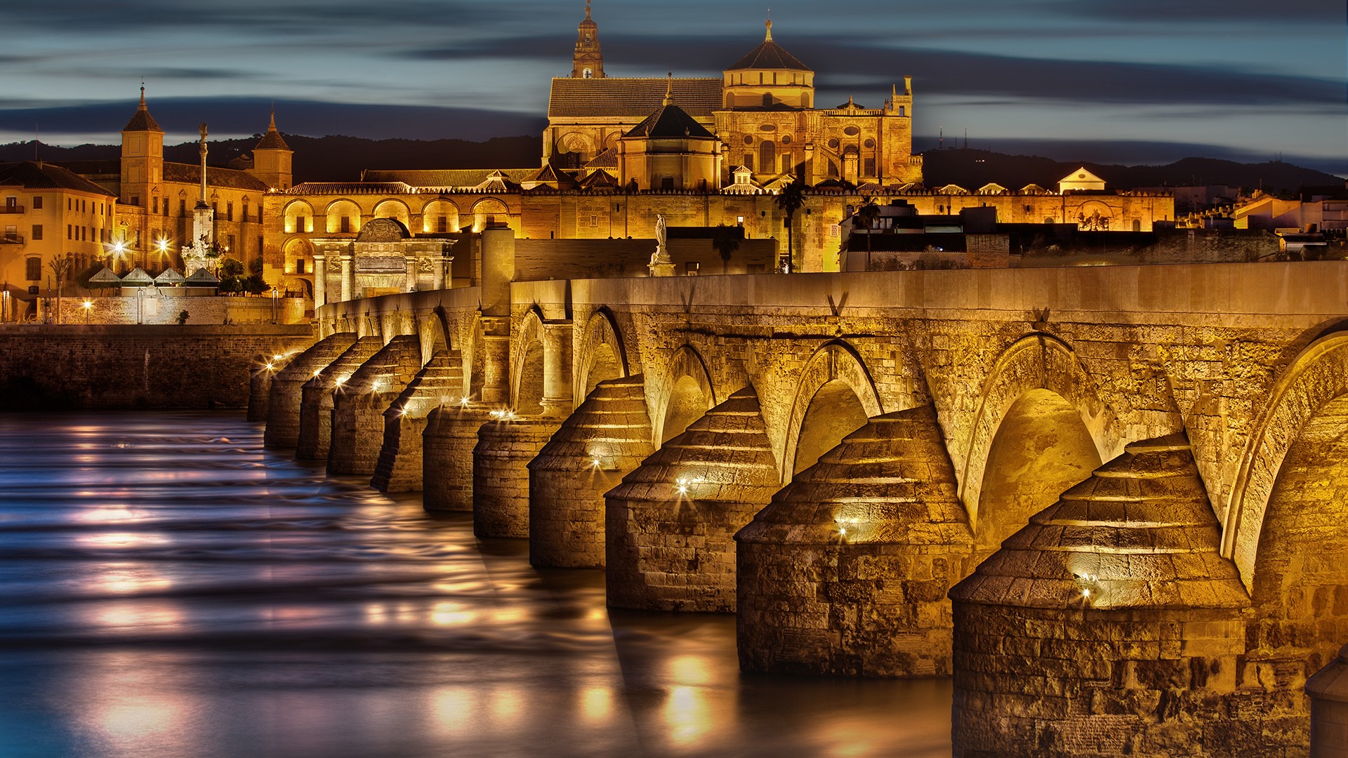 Wallpaper River Bridge Night Spain Cordoba Lights