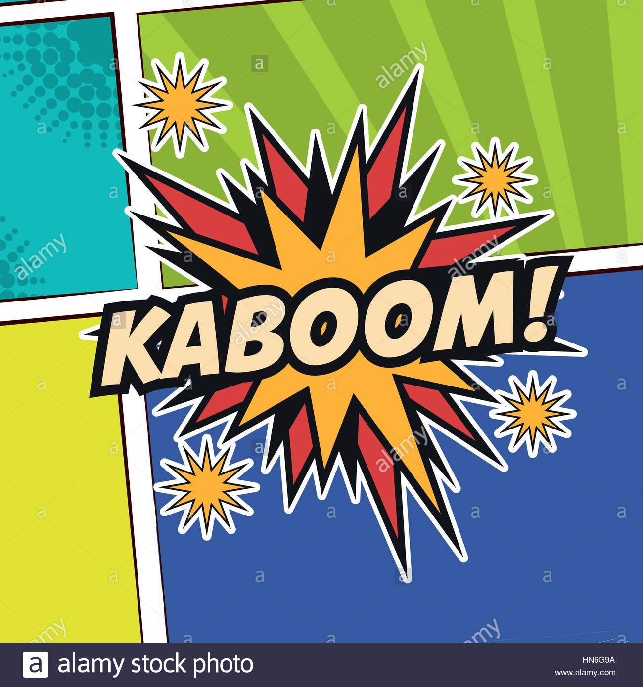 Pop Art Kaboom Texting Stars Colored Background Design Stock