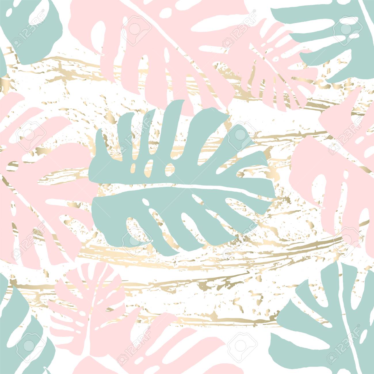 Tropical Worn Floral Pastel Pattern With Monstera Palm Leaves
