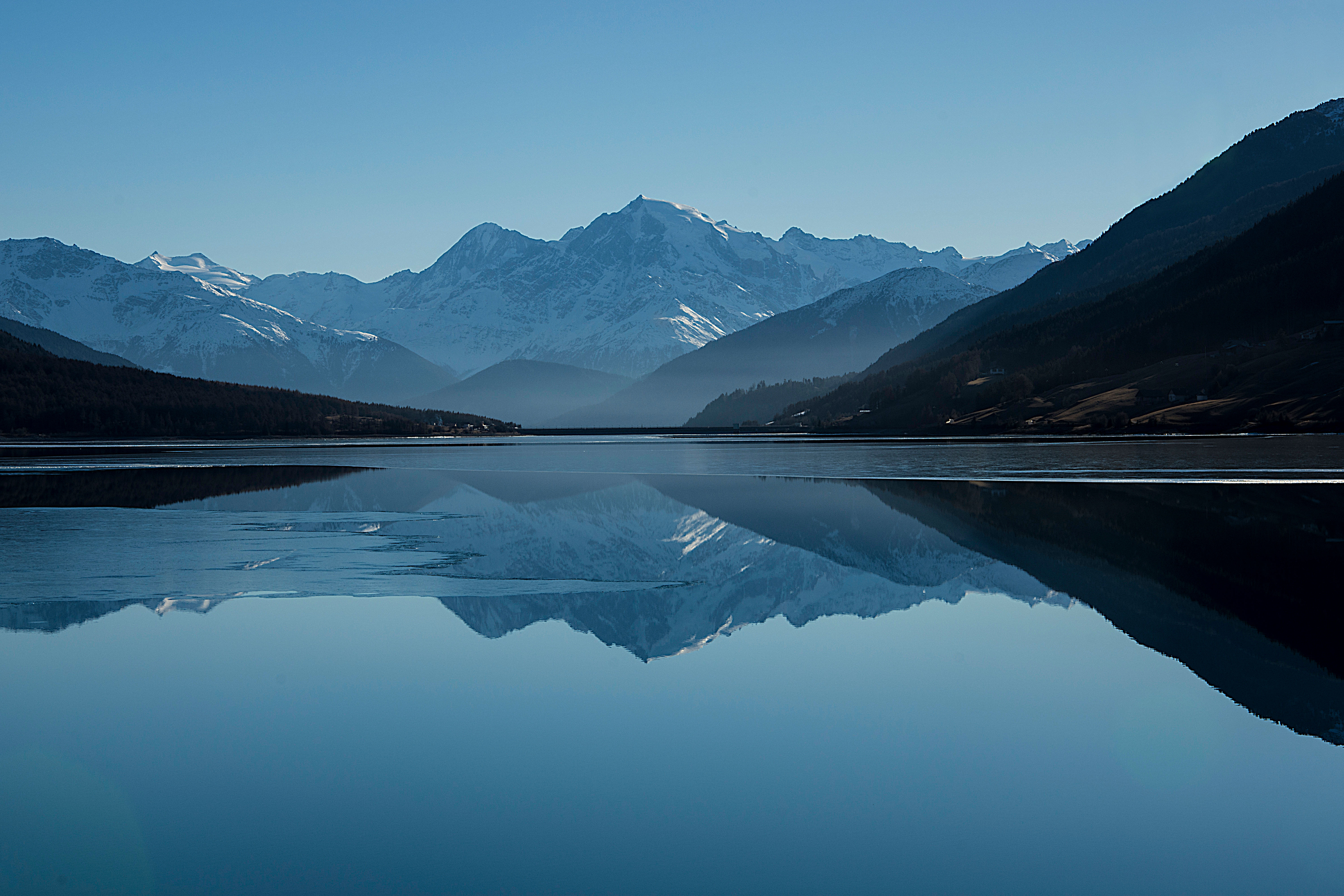 Mountain Peak Landscape Clear Blue Sky Lake Winter 5k Wallpaper HD