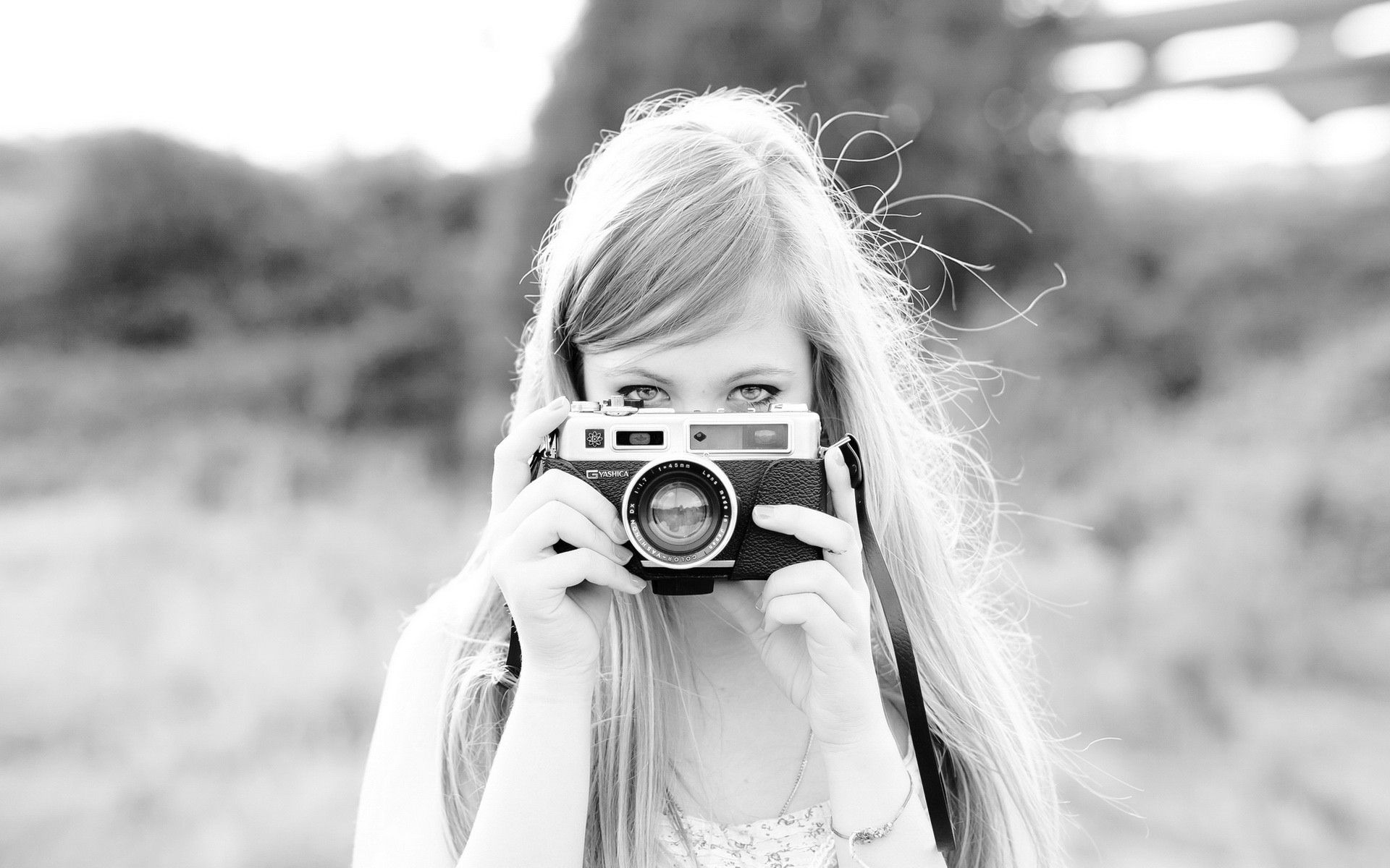 Girl With Camera Black And White Photo Wallpaper Image