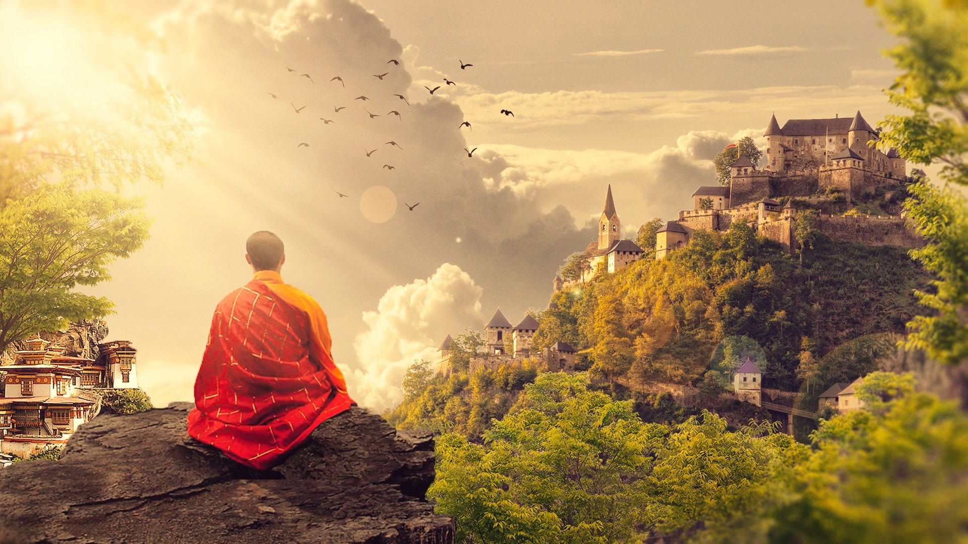 Wallpaper Id Meditation Buddhism Monk Temple Panorama