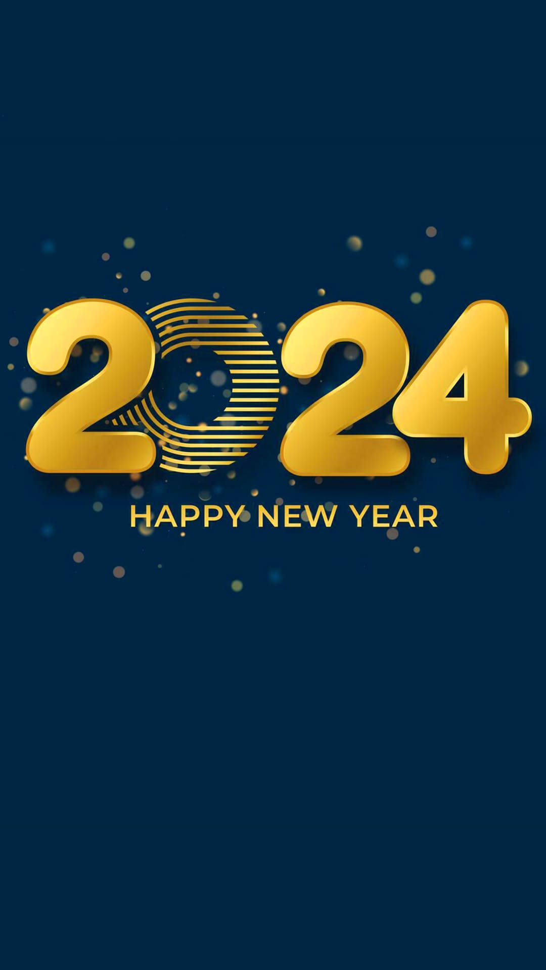 A stylish 2024 New Year greeting on a dark blue background with gold numbers and a circular design element. Perfect for an aesthetic wallpaper