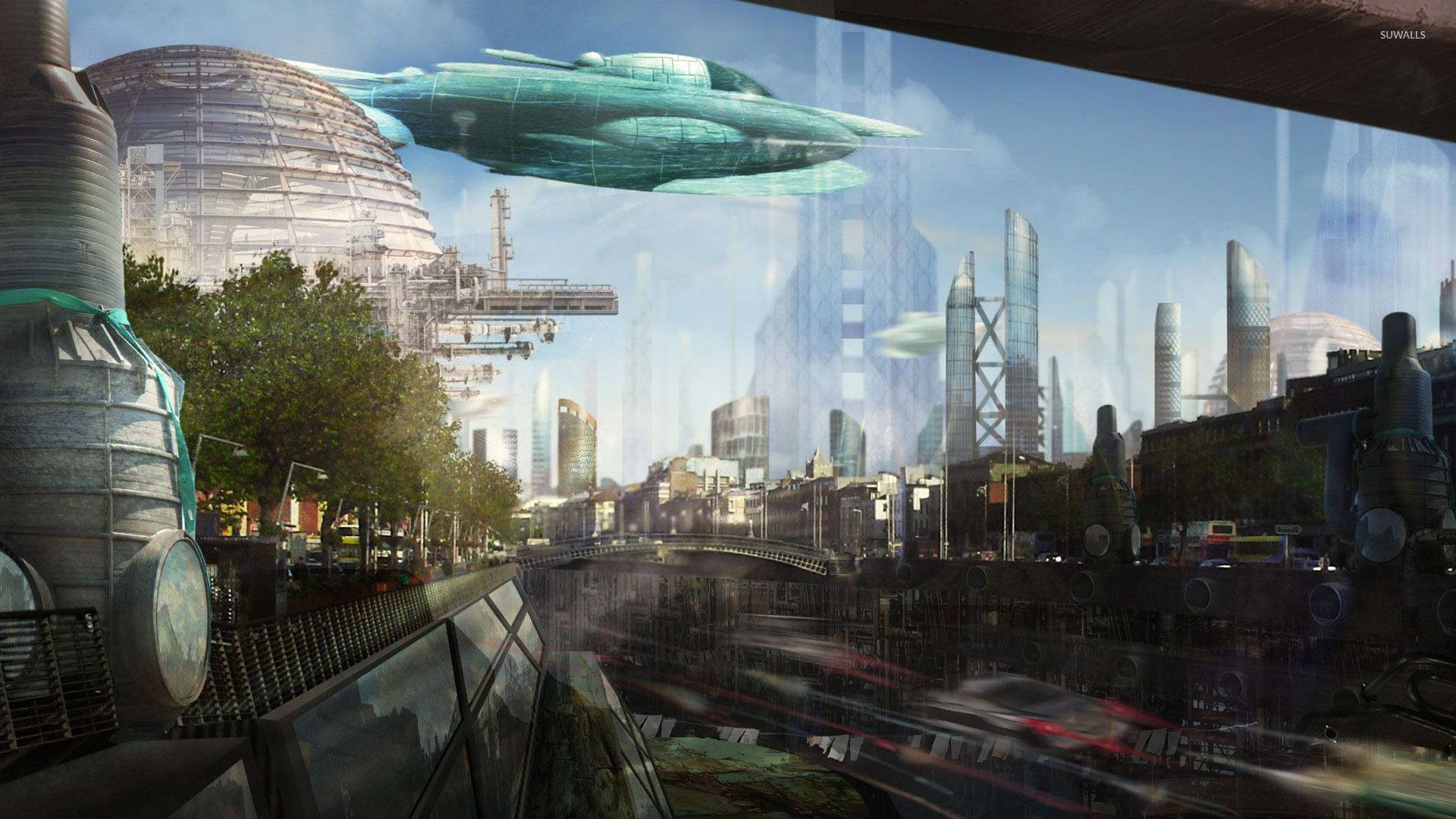 Futuristic cityscape with flying vehicles and advanced architecture, reflecting a cyberpunk aesthetic