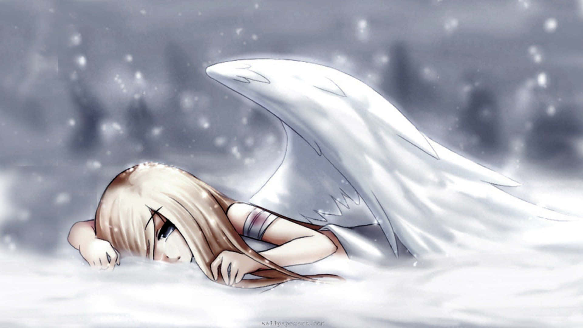 Anime snow angel lying in the snow with large white wings